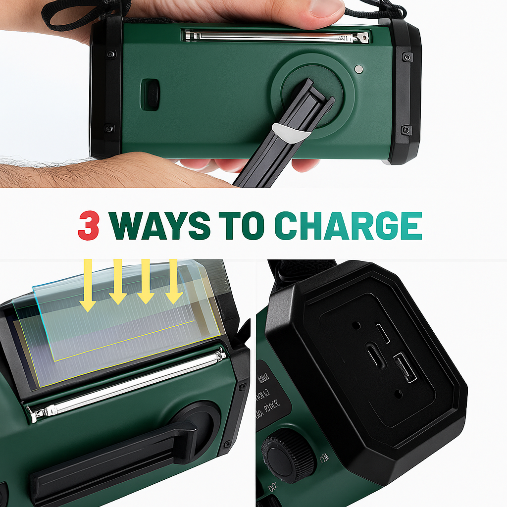 All-in-One Emergency Power Bank with Solar, Hand Crank & Radio