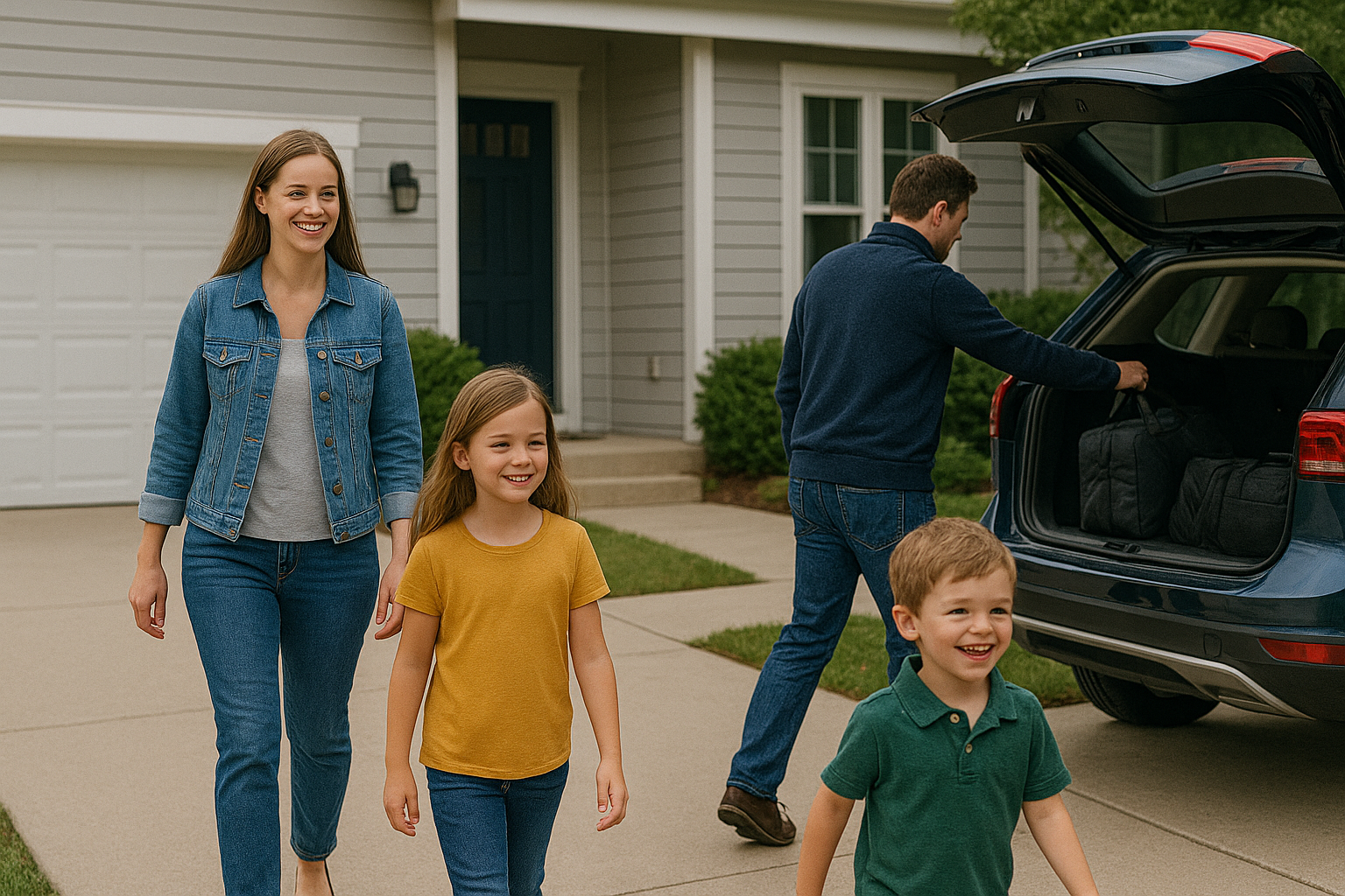 Family of four walking towards an open car trunk in front of a house.